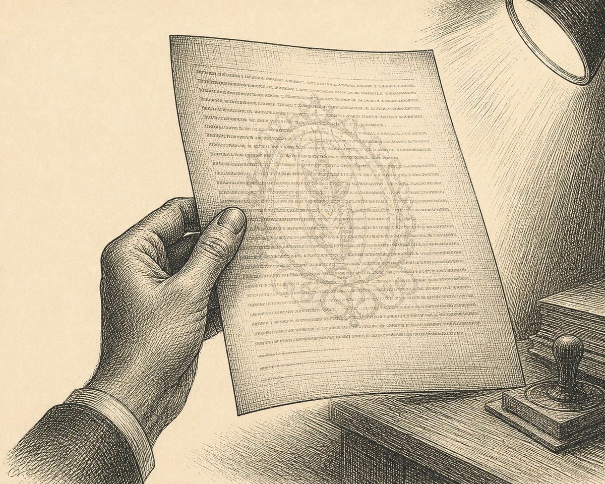 A vintage engraving: a hand holds a printed page of text up to a lamp, revealing a faint watermark hidden within the paper, with an inked stamp resting on the desk.