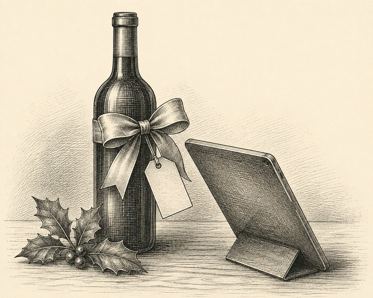 A vintage engraving: a wine bottle wrapped with a ribbon, bow, and gift tag, a sprig of holly beside it, and a small tablet on a stand leaning in to read the tag.