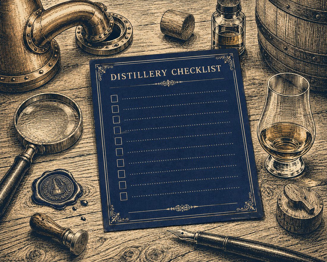An engraved-style still life of a copper pot still, an oak barrel, and a whiskey glass beside a navy Distillery Checklist card with ticked boxes, a magnifying glass, and a wax seal.
