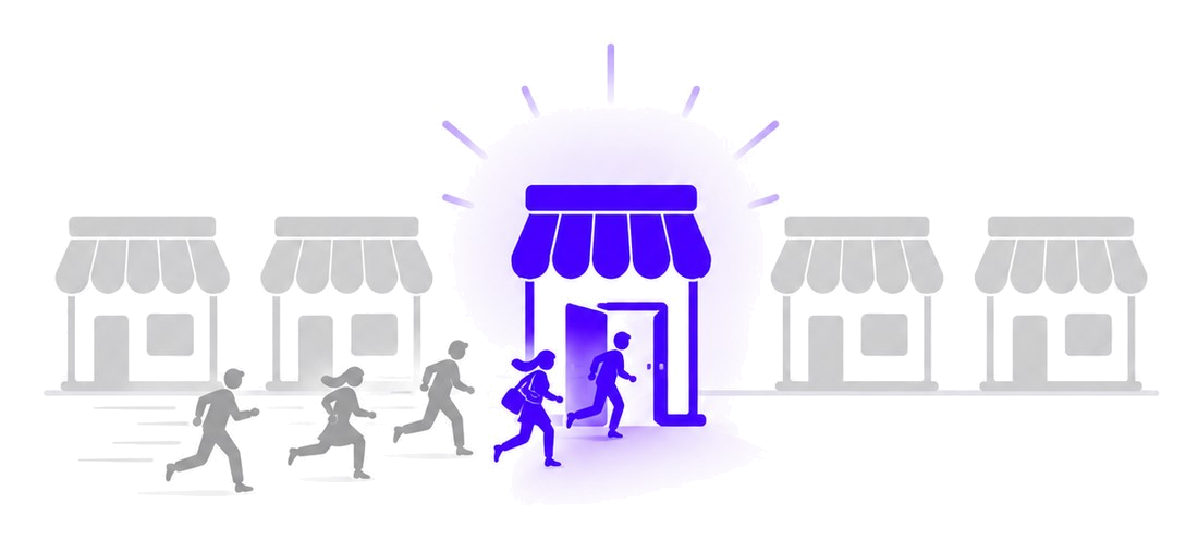 A row of storefronts with one glowing indigo as a crowd heads through its open door — the business that gets found.