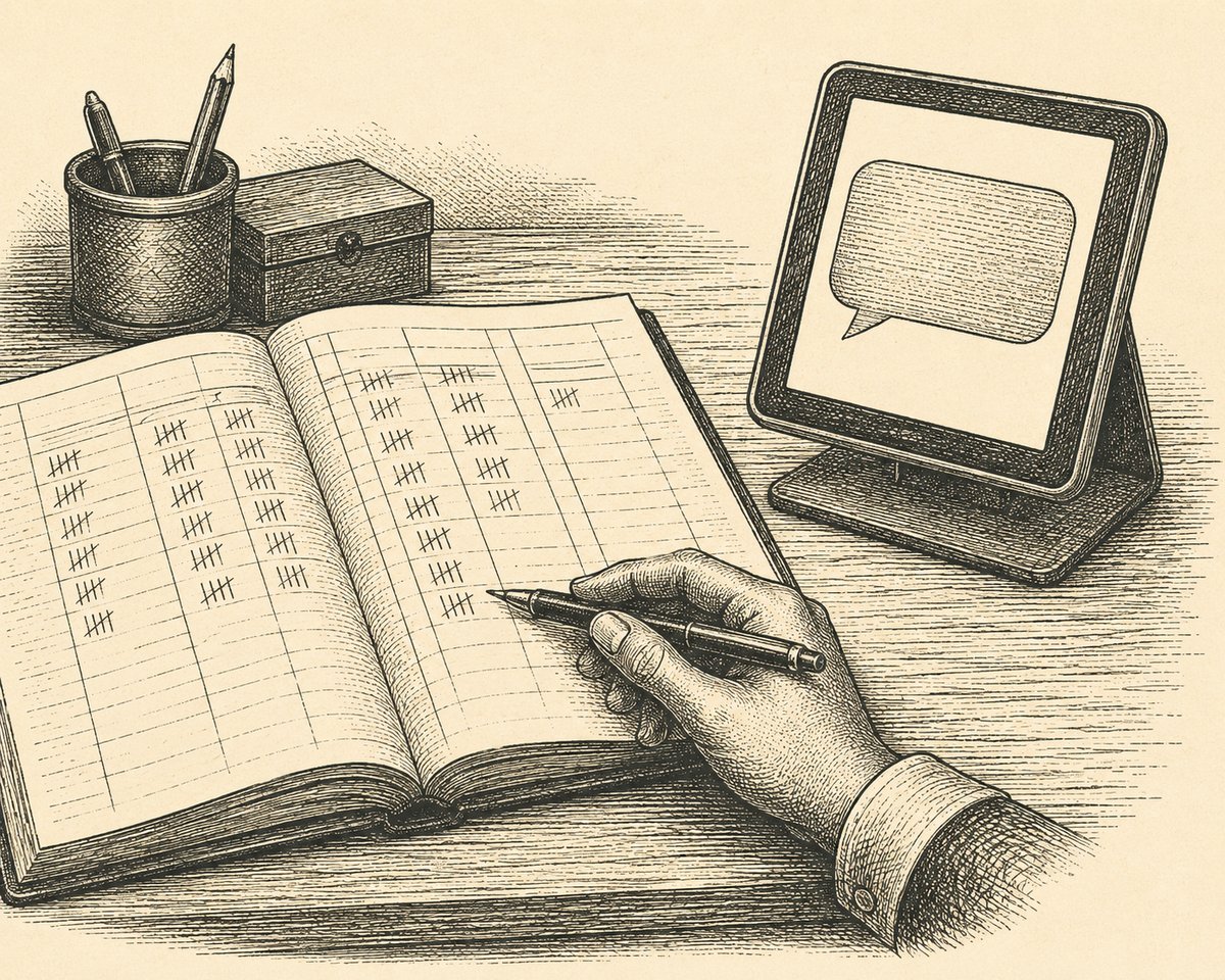 A vintage engraving: an open ledger filled with rows of tally marks, a hand recording with a pen, beside a small tablet on a stand showing a speech bubble — asking the machine and logging whether it named you.