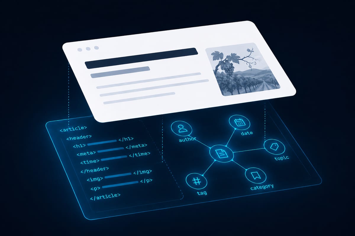 A clean web article card floating above a glowing blue layer of HTML tags and a knowledge graph labeled author, date, topic, tag, and category — the machine-readable layer beneath a human-facing page.