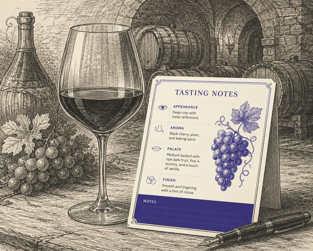 An engraved-style still life of a wine glass, bottle, and grapes beside a structured Tasting Notes card listing appearance, aroma, palate, and finish — a tasting note laid out clearly enough for a machine to read.