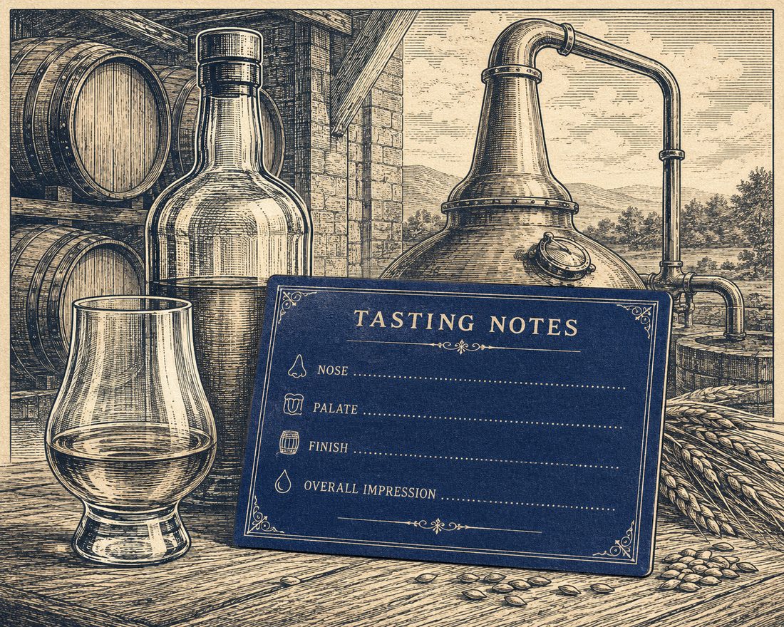 An engraved-style still life of a whiskey glass, bottle, oak barrels, and a copper pot still beside a structured navy Tasting Notes card with Nose, Palate, Finish, and Overall Impression.