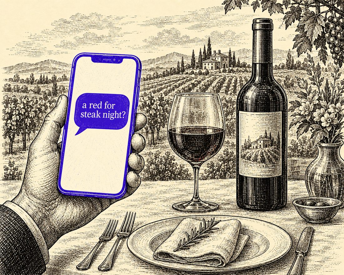An engraved dinner scene: a hand holds a phone showing an indigo chat bubble that reads 'a red for steak night?', beside a wine bottle, a poured glass, and a set table, with a vineyard in the distance.