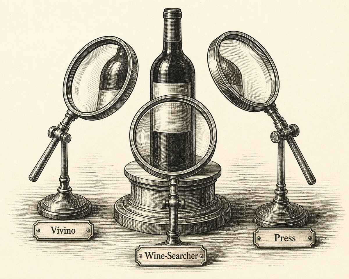 A vintage engraving: a wine bottle on a pedestal examined by three magnifying glasses on stands, each labeled with an outside source — Vivino, Wine-Searcher, and Press — rather than reading the bottle's own label.