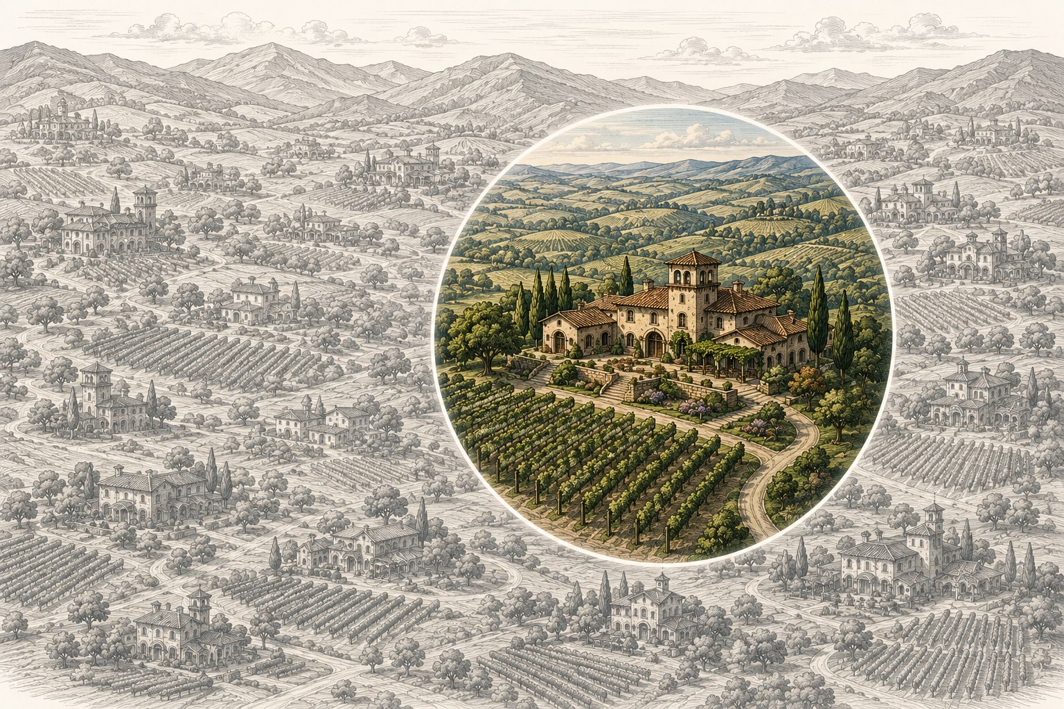An old-world engraving of wine country — a region of look-alike wineries, with one estate revealed in full colour inside a spotlight circle, representing the winery AI singles out.