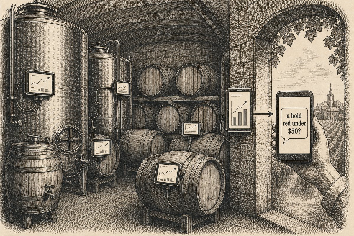 An engraving of a winery cellar: small screens mounted on the tanks and barrels all face inward showing charts, while one screen at the stone archway is turned outward, an arrow pointing from it to a buyer's phone out in the vineyard that asks 'a bold red under $50?'