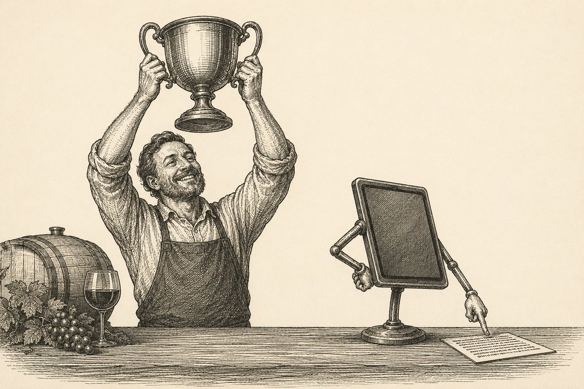 A vintage engraving: a winemaker proudly holds a trophy overhead while a small tablet on a stand ignores the trophy and points instead at a plain card of text on the table.